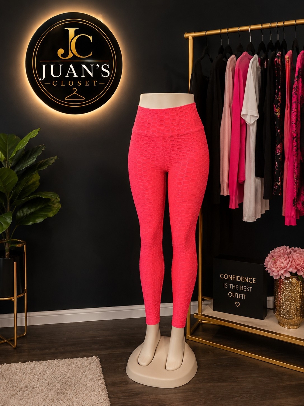 Neon Coral Honeycomb Scrunch Butt Leggings Booty Lift High Waist